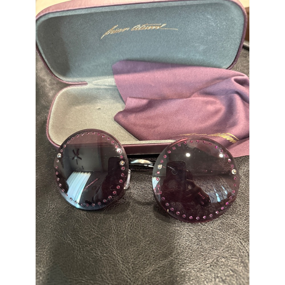 Joan Allyn Round Sunglasses Rhinestone Embellished Dark Purple Lens Silver Frame